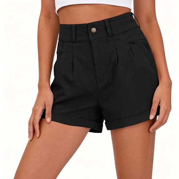 Solid Shorts for Women High Waist Rolled Hem Casual Shorts Pleat Front Hotpant for Summer Outdoor Black 2XL