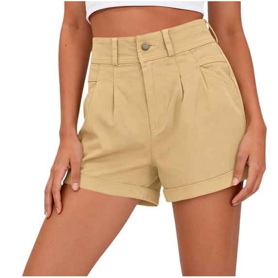 Solid Shorts for Women High Waist Rolled Hem Casual Shorts Pleat Front Hotpant for Summer Outdoor Khaki M