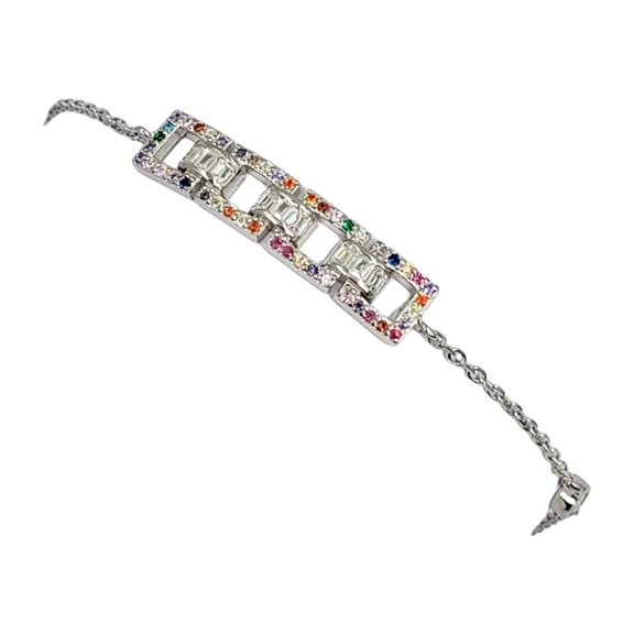 Solid Silver Multi color Stone CZ Pretty Tennis Bracelet Stylish Cubic Zirconia Art Gift for Anniversary,Birthday,Wedding,Girlfriend, Wife