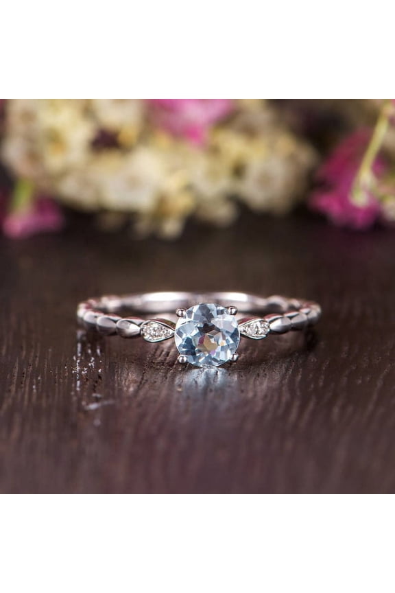 Round Blue Aquamarine Engagement Ring, 2.9 ct, Sterling Silver