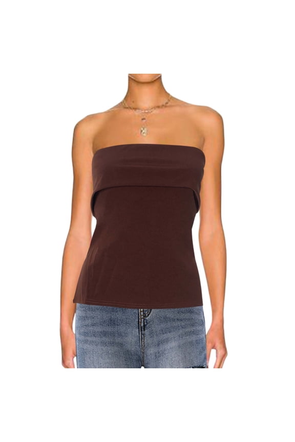 Solid Sleeveless Backless Blouson Neckline Slit Crop Top For Women Casual Spring Summer Tube Tops, S, Brown