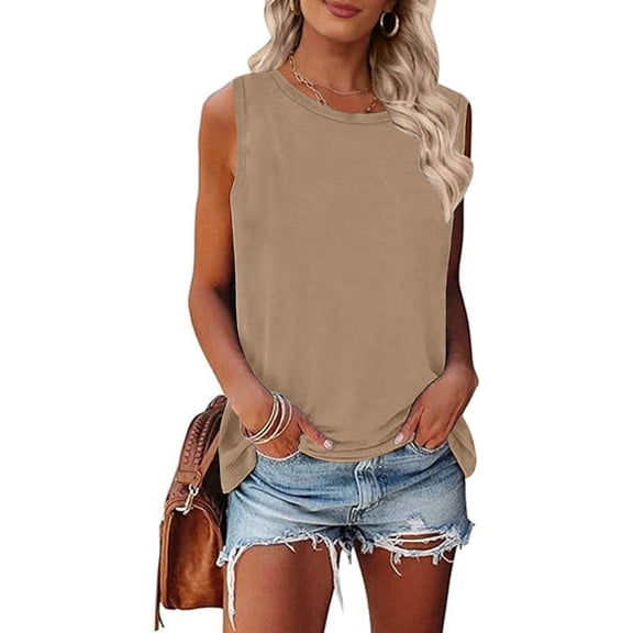 Solid Sleeveless T-Shirts for Women Round Neck Long Tank Top Casual Loose Fit Basic Going Out Camisole Tops Blouses