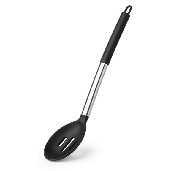 Solid and Slotted Cooking Spoon Large Silicone Cooking Spoon, Non Stick Solid Basting Spoon, Heat-Resistant Kitchen Utensils for Mixing, Serving, Draining (Black Slotted - 1PC)