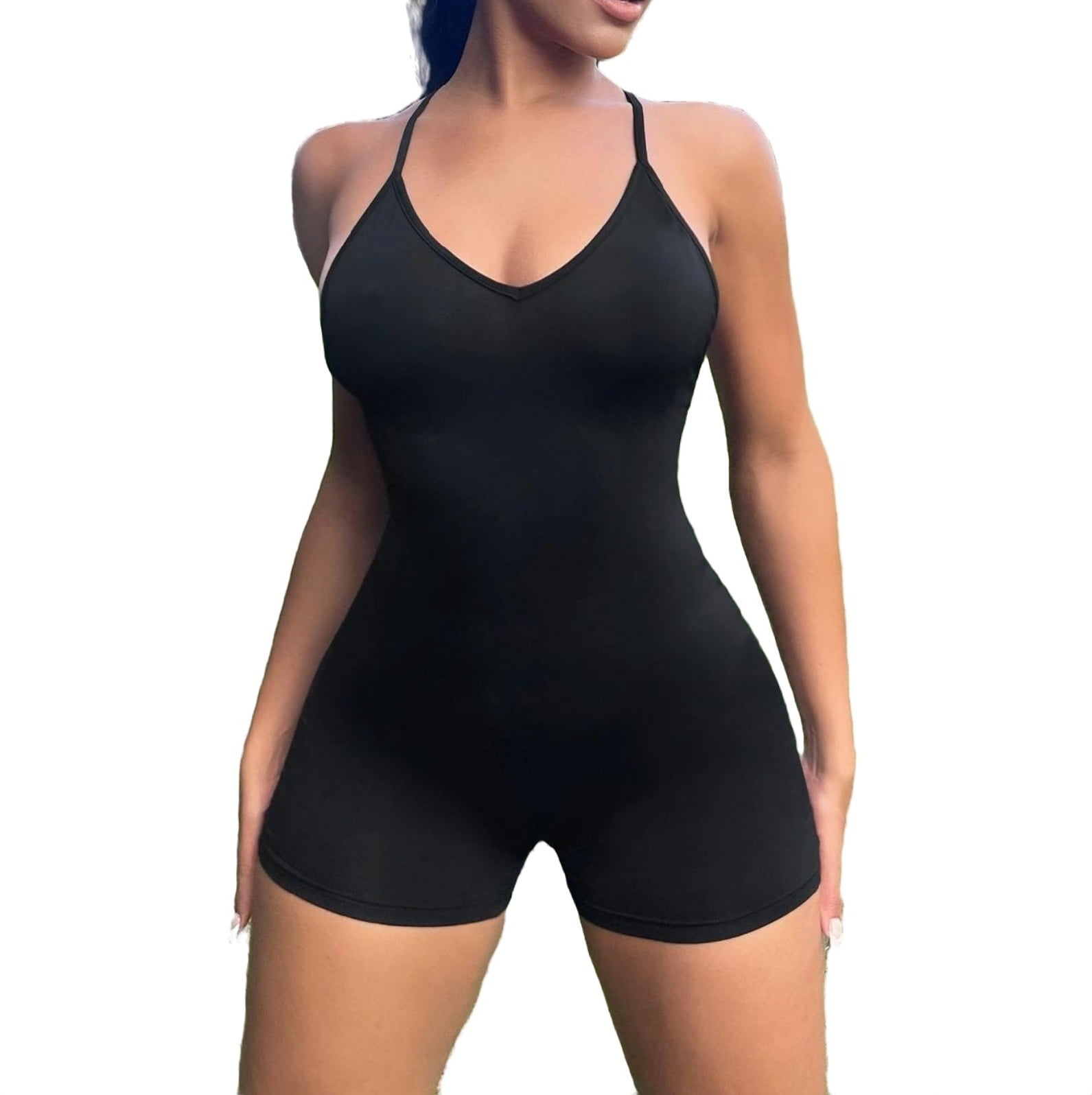 Solid Spaghetti Strap Elbow-length Black Women Unitards (women's 