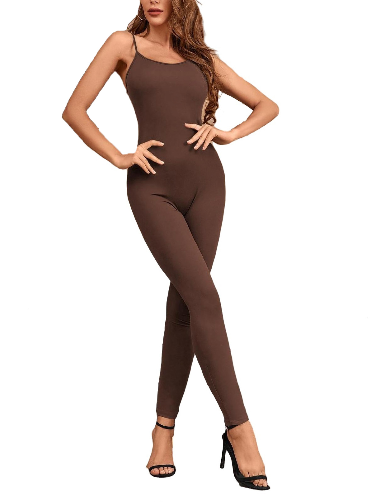 Solid Spaghetti Strap Sleeveless Brown Womens Unitards (Women's