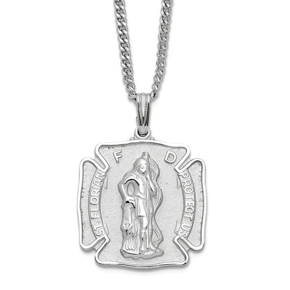 Solid Spring-Ring Engravable (back only) Rhodium Plated St. Florian Medal Necklace 24 Inch Pendant Necklace for Women