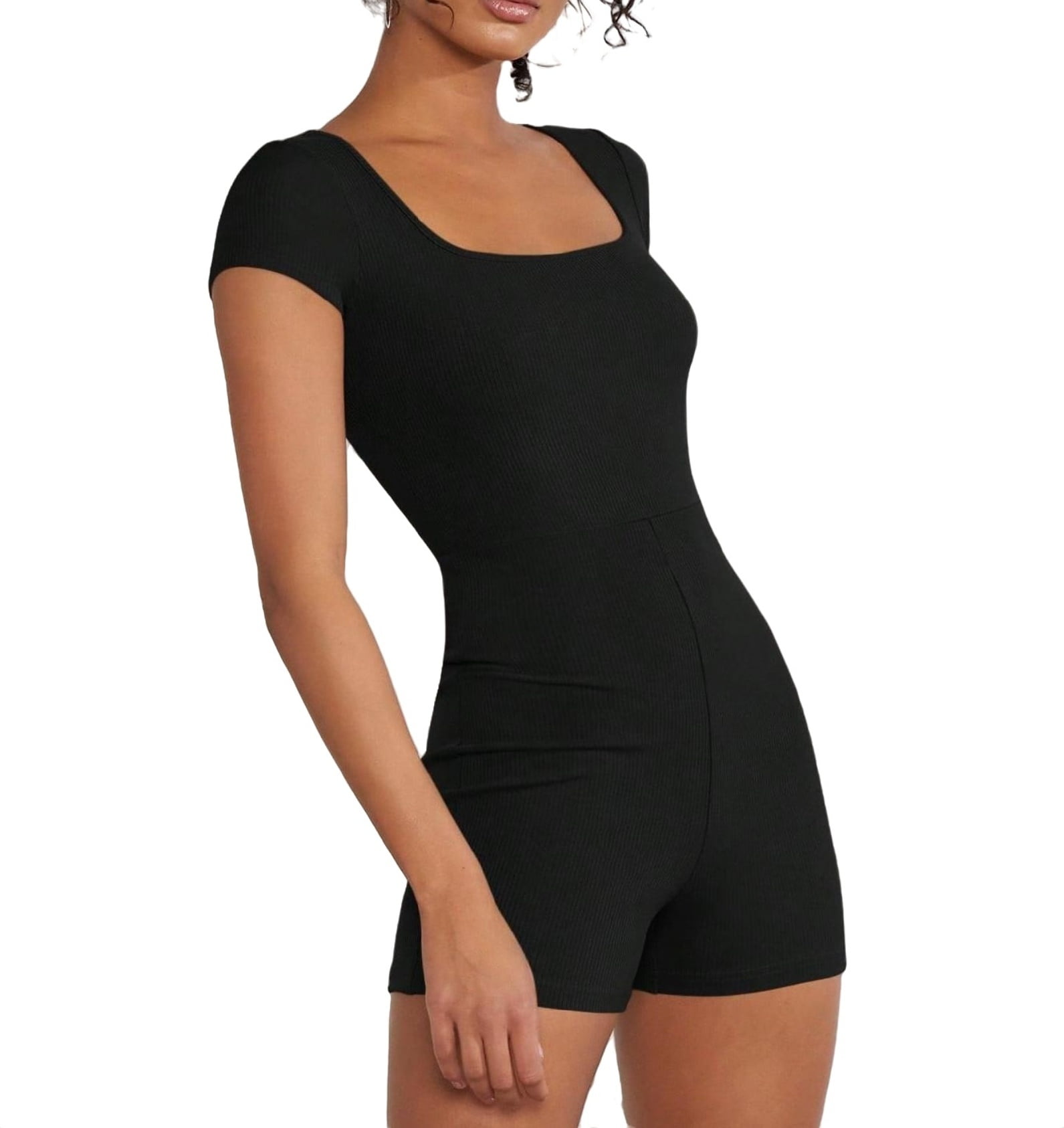 Solid Square Neck Unitard Romper Sleeveless Black Colour Womens Unitards (Women's)