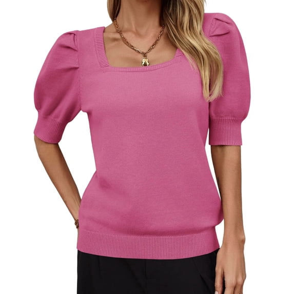 Solid Square Neck Women's Puff Short Sleeve Sweater Tops Rendy Casual Knit Tops