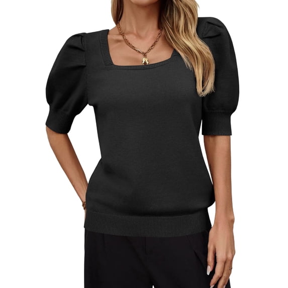 Solid Square Neck Women's Puff Short Sleeve Sweater Tops Rendy Casual Knit Tops