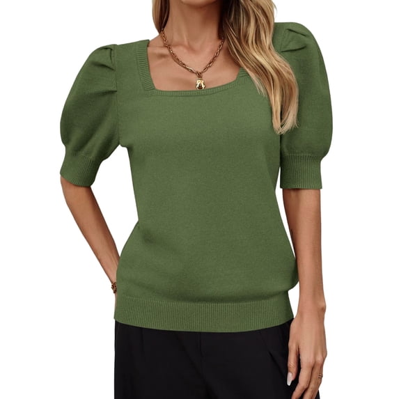 Solid Square Neck Women's Puff Short Sleeve Sweater Tops Rendy Casual Knit Tops