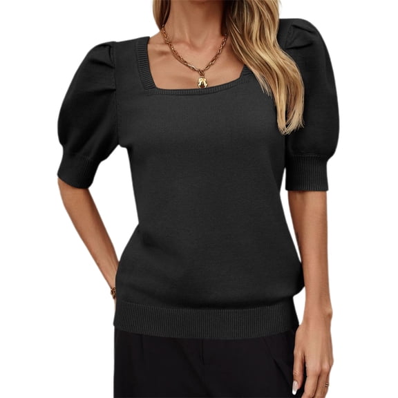 Solid Square Neck Women's Puff Short Sleeve Sweater Tops Rendy Casual Knit Tops