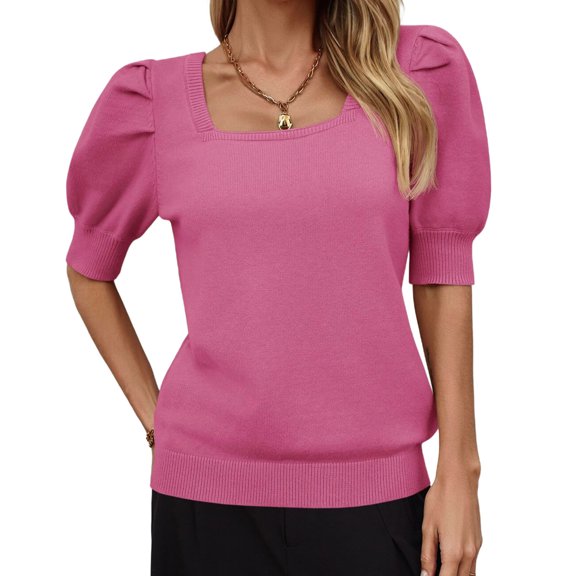 Solid Square Neck Women's Puff Short Sleeve Sweater Tops Rendy Casual Knit Tops