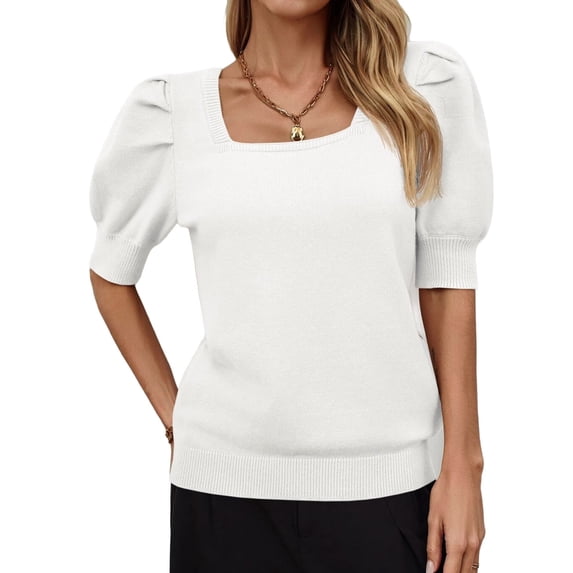 Solid Square Neck Women's Puff Short Sleeve Sweater Tops Rendy Casual Knit Tops