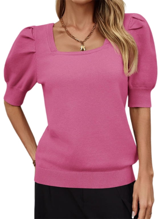 Solid Square Neck Women's Puff Short Sleeve Sweater Tops Rendy Casual Knit Tops