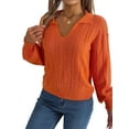 thumbnail image 1 of Solid Square Pattern Drop Shoulder Textured Knit Collared Sweater Orange Small, 1 of 5