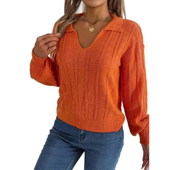 Solid Square Pattern Drop Shoulder Textured Knit Collared Sweater Orange Small