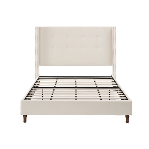 Solid and Stable Upholstered Queen Bed, 54" High Headboard, Traditional Hand Buttoned Tufting, Nailhead Trim Wingback, No Box Spring Needed, Easy Assembly, Velvet (Ivory)