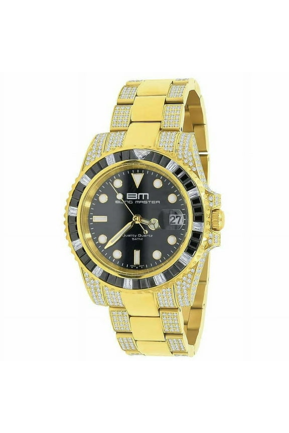 Solid Stainless Steel 18k Yellow Gold Simulated Diamond Mens Presidential Watch 40mm
