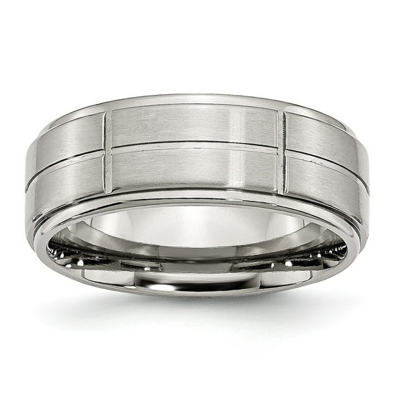 Solid Stainless Steel Grooved 8mm Men's Matte Brushed Finish / Ridged Edge Wedding Band Ring Comfort-Fit Size 8