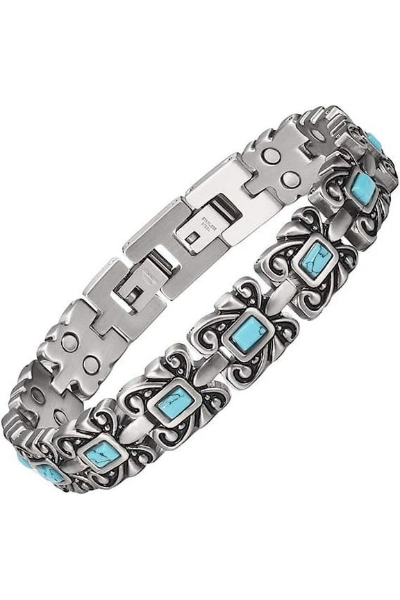 Solid Stainless Steel Magnetic Bracelets for Women Ladies with Blue Turquoise Stones, Antique Silver Polish,17.5-20.5cm (11mm)
