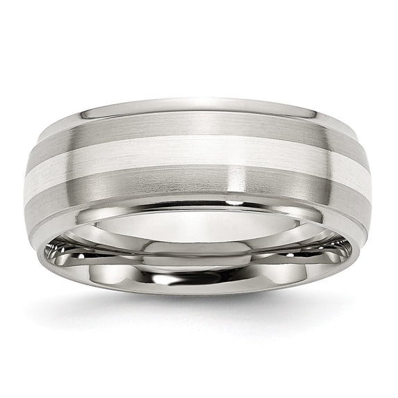 Solid Stainless Steel Men's 925 Sterling Silver-Inlay Ridged Edge Matte Brushed Finish and Wedding Band Ring Size 10