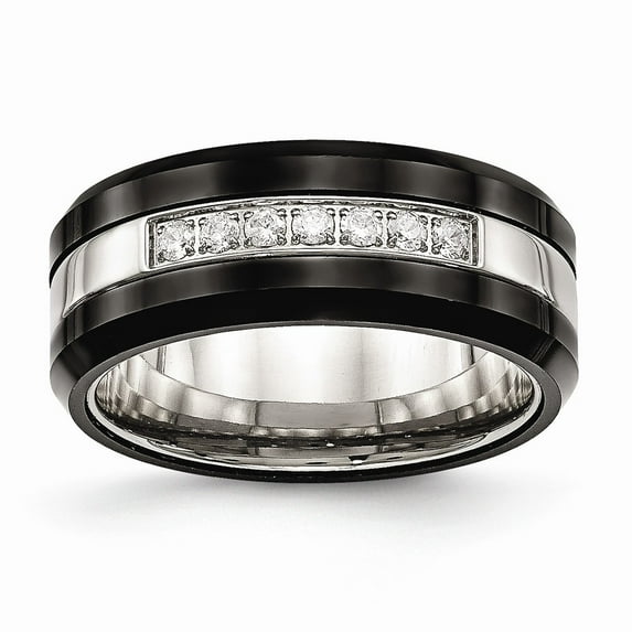 Solid Stainless Steel Men's Black Ceramic CZ Cubic Zirconia Beveled Edge Wedding Band Ring Comfort-Fit Size 9