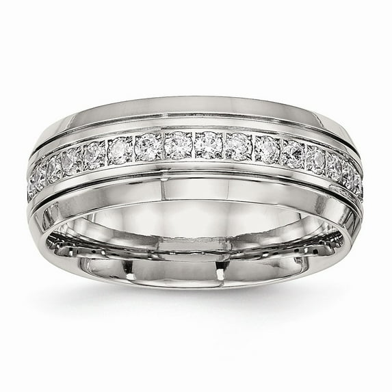 Solid Stainless Steel Men's Half Round Grooved CZ Cubic Zirconia Wedding Band Ring Comfort-Fit Size 6.5