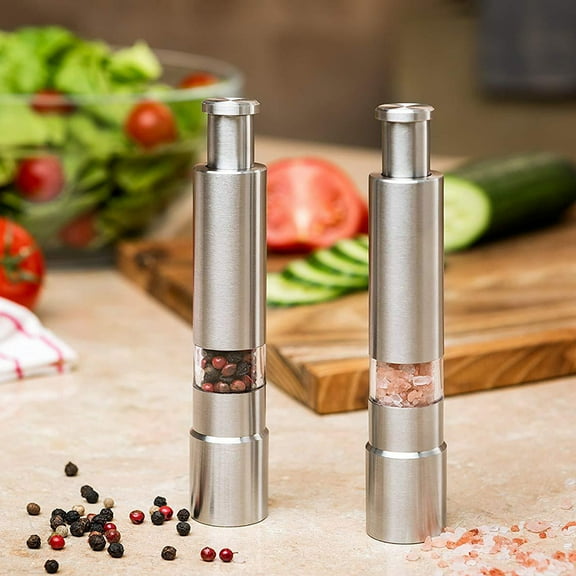 Solid Stainless Steel One-Handed Spice Mill Push Button Salt Pepper Grinder Silver Kitchen Gadget
