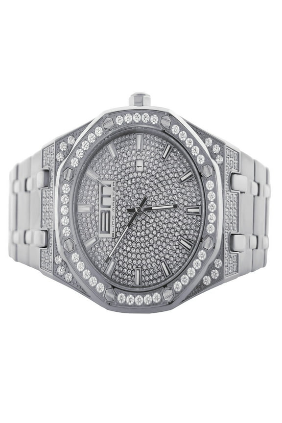 Solid Stainless Steel Silver Dial 14K Gold Finish Simulated Diamond Mens Bling Master Analog Custom Watch