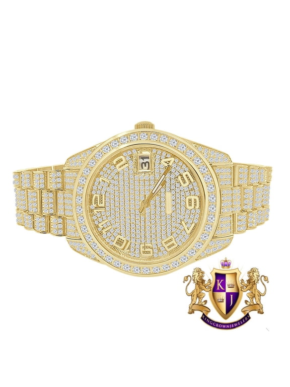 Solid Stainless Steel Solitaire Bezel 18K Yellow Gold Finish Full Iced Dial & Band Men's Simulated Diamond Watch 42mm W/Date