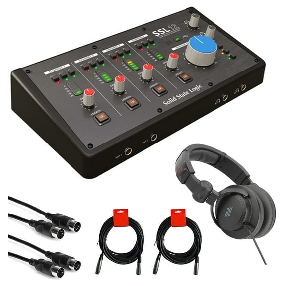 Solid State Logic SSL 12 USB Audio Interface Bundle with Polsen HPC-A30 Closed-Back Studio Monitor Headphones, 10' MIDI Cable (2x) and XLR-XLR Cable (2x)