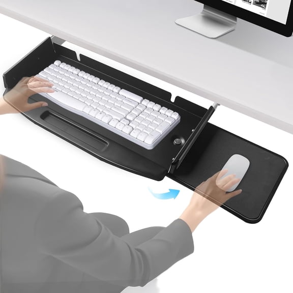 Solid Steel Under Desk Keyboard Tray Slide Out with 360 Rotating Mouse Platform,Keyboard Shelf Sliding,Under Desk Mounted Keyboard Holder,Under Desk Keyboard Drawer 28"Lx11"W