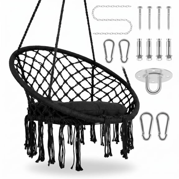 Solid Steel Frame Round Hanging Chair with Cloud-Like Cushion, Cotton Netting Hammock Chair for Indoor Outdoor Patio Bedroom, Heavy Duty 330LBS, Black