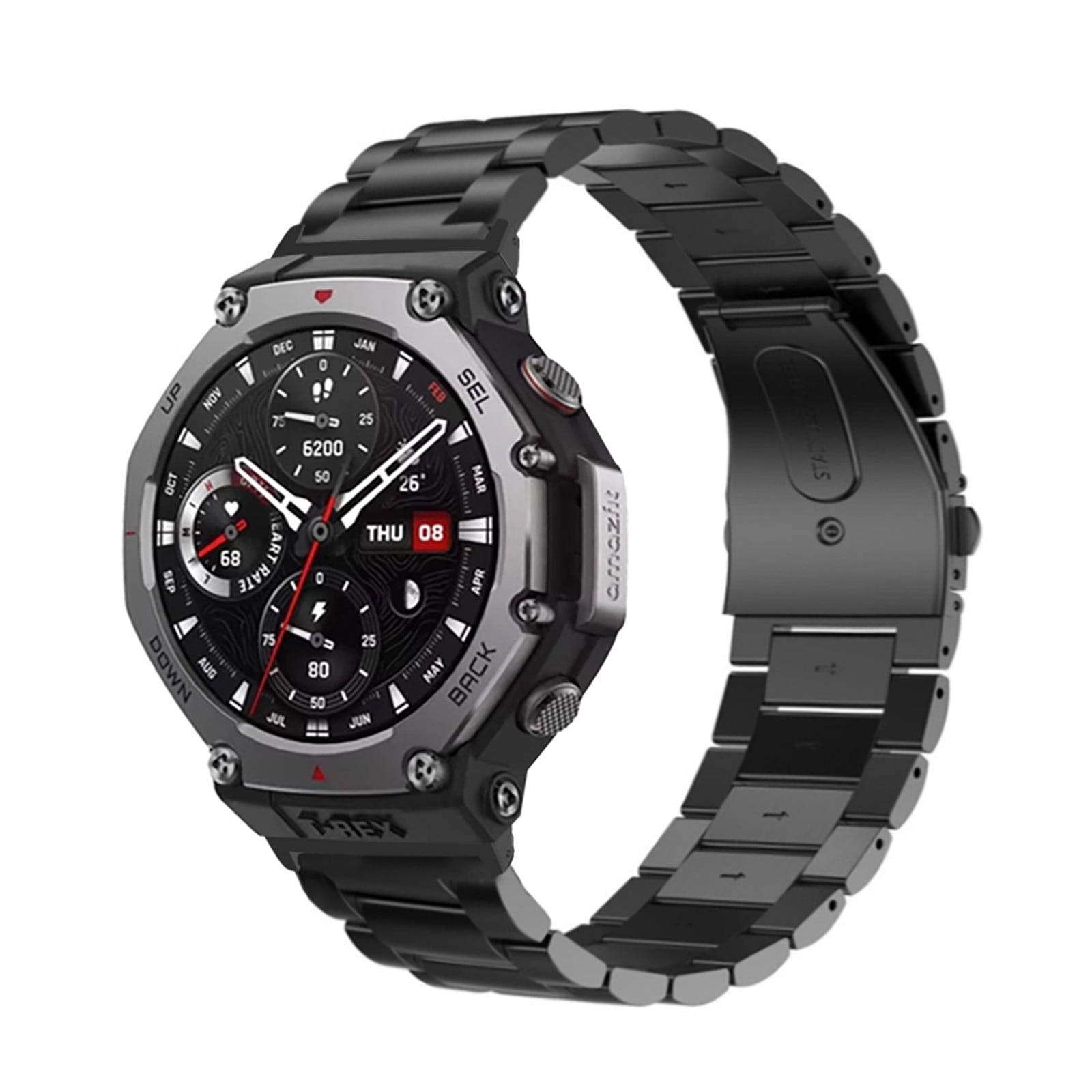 Solid Steel Three Bead Watch Band with Secure Clasp and Metal Connector ...