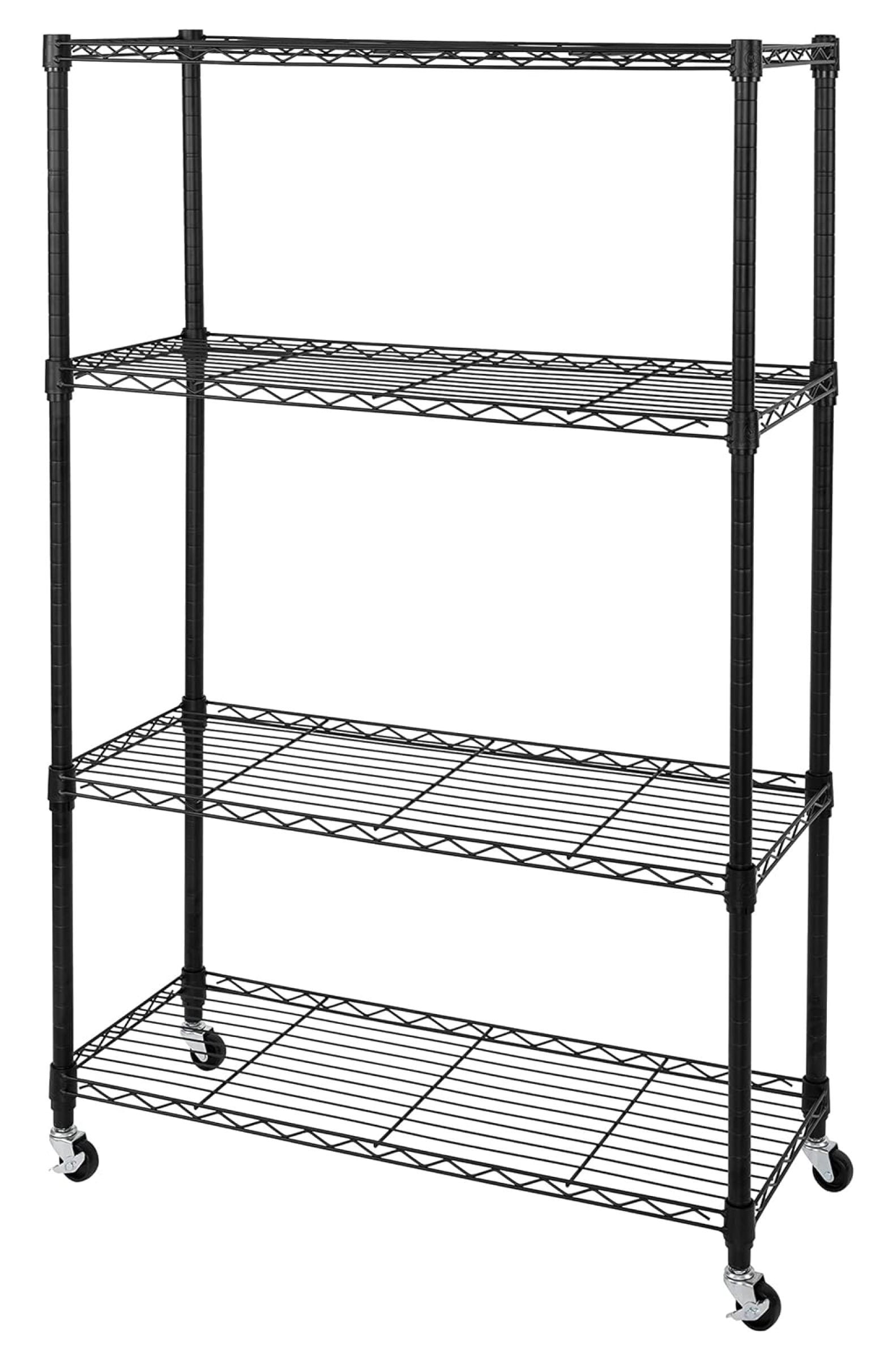 Adjustable Black Steel 4-Tier Wire Shelving Unit with Wheels
