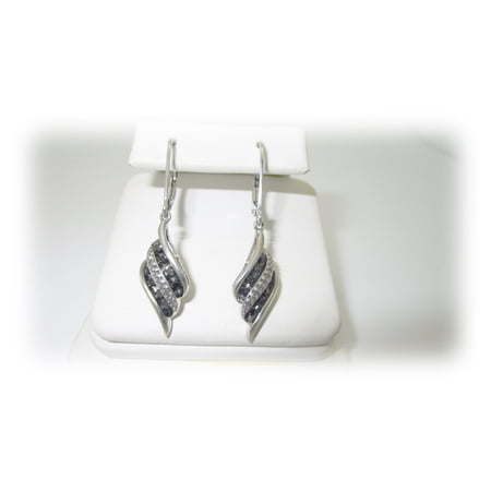Solid Sterling Natural Black & White Diamond Dangle Pierced Leverback Earrings