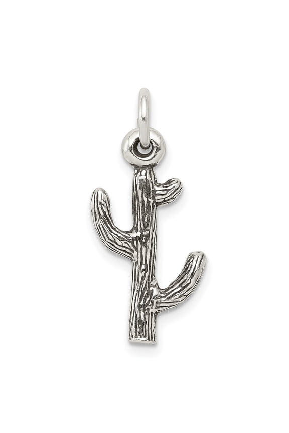 925 Sterling Silver Solid Oxidized Cactus Charm 27x11mm Wide Pendant Necklace for Women - 1.6 Grams