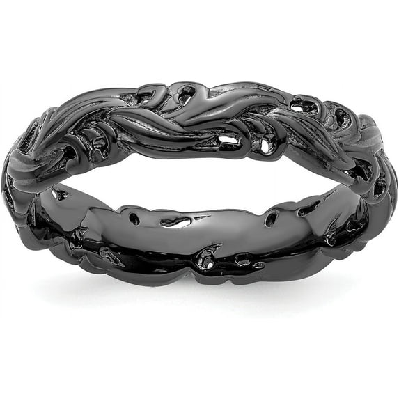 Solid Sterling Silver Stackable Expressions Black-plated Carved Band - Ring Size 7.0-3.2gm