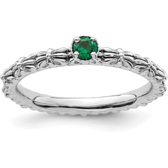Solid Sterling Silver Stackable Expressions Created Emerald Single Stone Ring - Ring Size 7.0-2.6gm