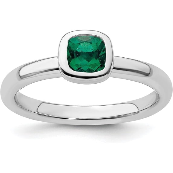 Solid Sterling Silver Stackable Expressions Cushion Cut Cr. Emerald Ring - Ring Size 9.0