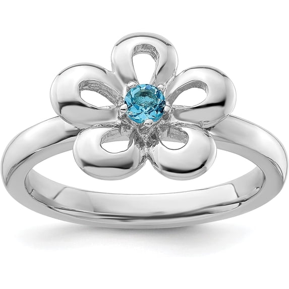 Solid Sterling Silver Stackable Expressions Polished Blue Topaz Flower Ring - Ring Size 5.0-3.1gm