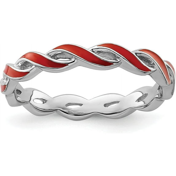 Solid Sterling Silver Stackable Expressions Red Enamel Ring - Ring Size 7.0-1.9gm