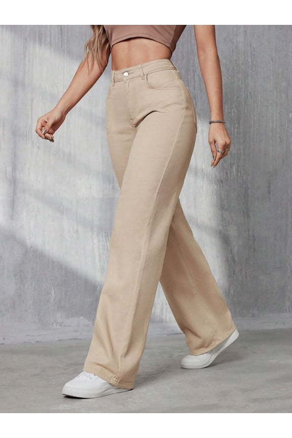 Solid Straight Leg Jeans With Slant Pockets, Extended Length Denim Pants For Tall Ladies, Casual Daily Wear Trousers For Commute Street Shopping Outdoor Occasions