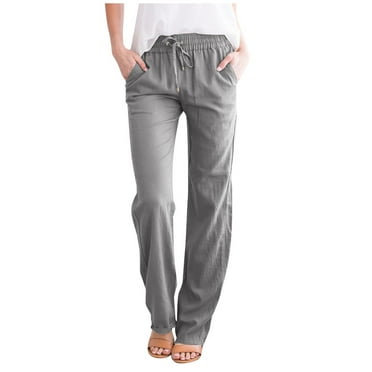 Pants For Women Solid Straight Elastic Pants Long Drawstring Linen ...