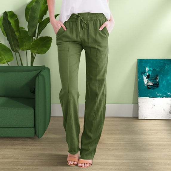 Solid Straight Linen Pants Waist and Long Women Casual Elastic Drawstring Cotton Pants