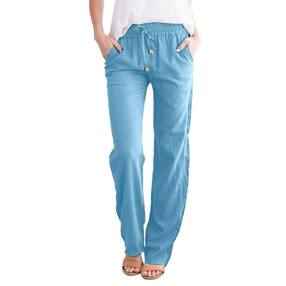 Solid Straight Pants Waist And Long Women Casual Elastic Drawstring Cotton Pants