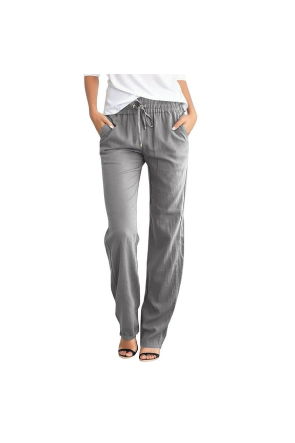 Solid Straight Pants Waist And Long Women Casual Elastic Drawstring Cotton Pants