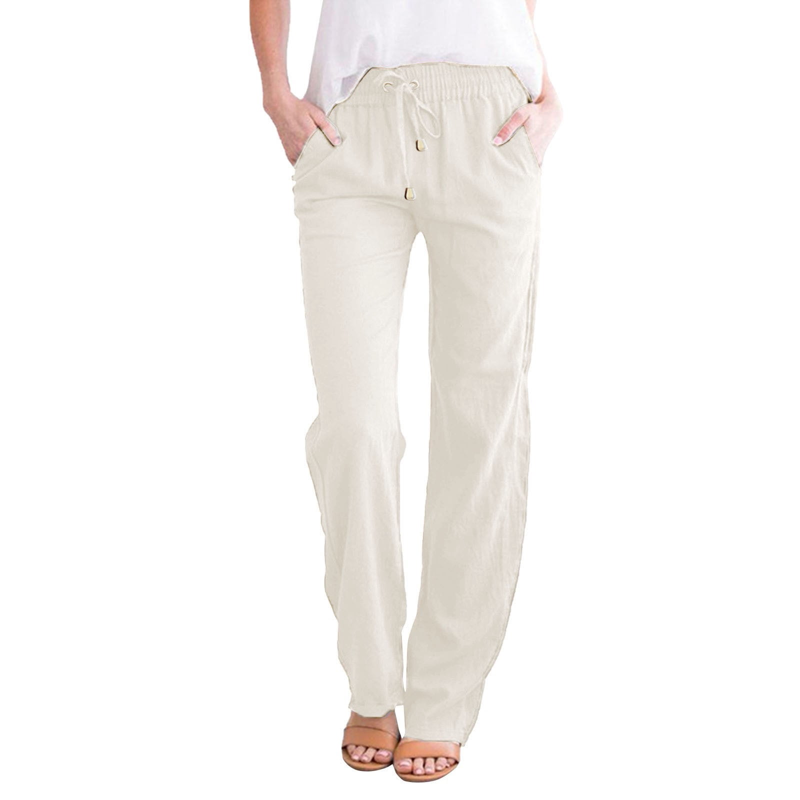 Back elastic straight woven long pants