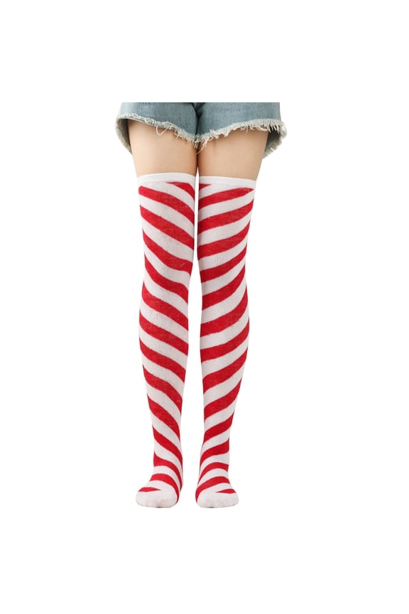 Solid & Striped Christmas Thigh High Socks, Colorful Holiday Over-Knee Hosiery, Stretch Non Slip Cuff Knit Socks for Women Xmas Party Cosplay Outfit Watermelon Red