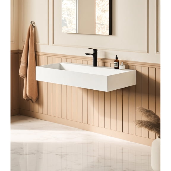 Solid Surface, White Matte Trough Sink | In Different Bathroom Setups, Wall - Mounted for Flexibility | Spacious, Streamlined Design